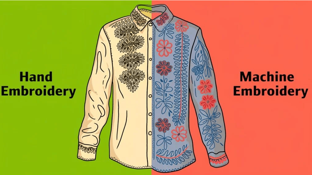 Side-by-side comparison of handmade and machine-made Chikankari embroidery, highlighting the intricate, organic patterns of hand embroidery versus the uniformity of machine work.