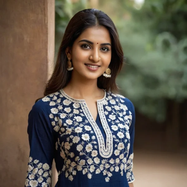Navy Blue and White Chikankari Cotton Kurta