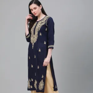 This Navy Blue Chikankari Kurta is adorned with intricate front embroidery and subtle back motifs, offering a fine blend of tradition and everyday comfort.