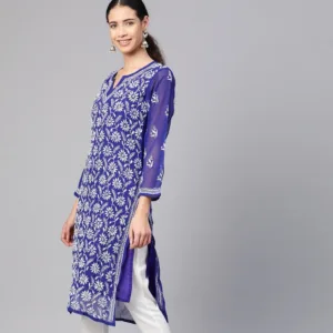 This Royal Blue faux georgette Kurta features exquisite Lucknowi Chikankari embroidery, offering both comfort and style.
