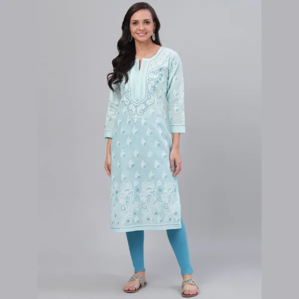 A graceful Blue Cotton Kurta with traditional Chikankari detailing on the front and scattered motifs on the back and sleeves—perfect for a casual yet polished look.