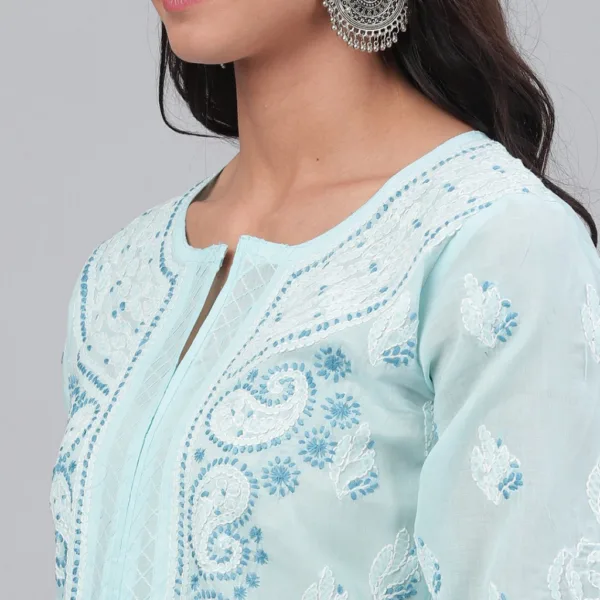 A graceful Blue Cotton Kurta with traditional Chikankari detailing on the front and scattered motifs on the back and sleeves—perfect for a casual yet polished look.