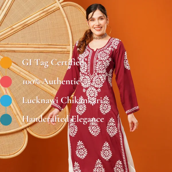 Bold and beautiful, this Maroon Modal Chikankari Kurta features intricate white hand embroidery on soft, breathable fabric — ideal for making a statement with ease.