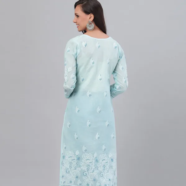 A graceful Blue Cotton Kurta with traditional Chikankari detailing on the front and scattered motifs on the back and sleeves—perfect for a casual yet polished look.