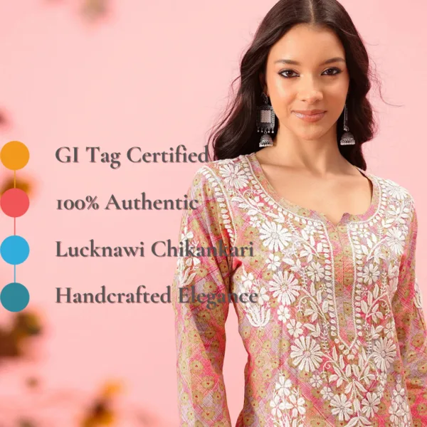 The Gulnaar Chikankari Kurta pairs a charming pink print with intricate hand embroidery on breezy mulmul cotton—designed for comfort, crafted for admiration.