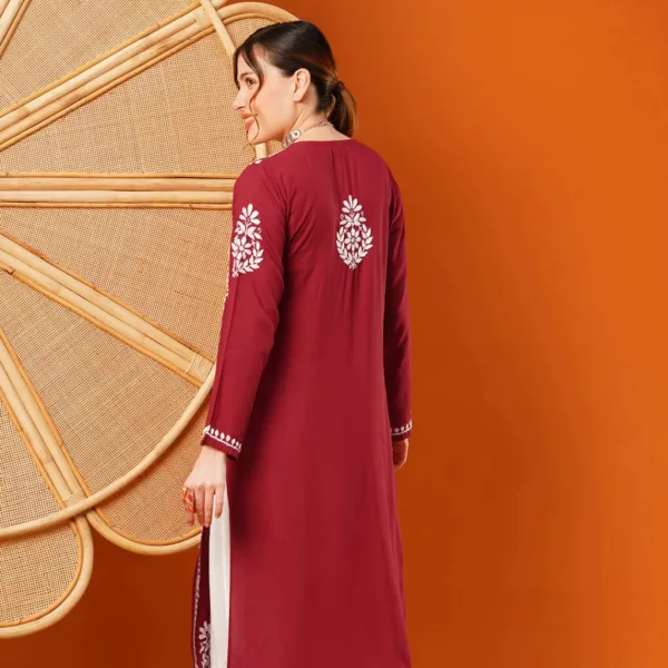 Bold and beautiful, this Maroon Modal Chikankari Kurta features intricate white hand embroidery on soft, breathable fabric — ideal for making a statement with ease.