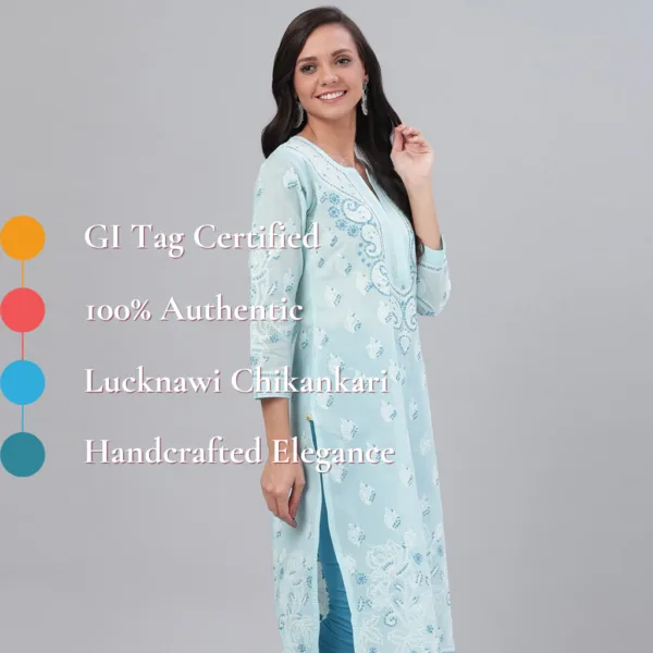 A graceful Blue Cotton Kurta with traditional Chikankari detailing on the front and scattered motifs on the back and sleeves—perfect for a casual yet polished look.