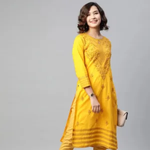 "Mustard Chikankari Kurta features intricate hand embroidery in classic Lucknowi stitches on breathable cotton—an ideal blend of comfort and craftsmanship.