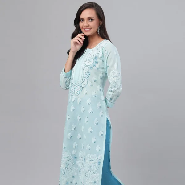 A graceful Blue Cotton Kurta with traditional Chikankari detailing on the front and scattered motifs on the back and sleeves—perfect for a casual yet polished look.