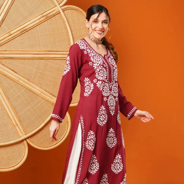 Bold and beautiful, this Maroon Modal Chikankari Kurta features intricate white hand embroidery on soft, breathable fabric — ideal for making a statement with ease.