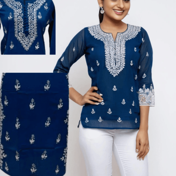 "This Navy Blue Sleeveless Lucknawi Chikankari Kurti is a blend of heritage and elegance, featuring intricate hand embroidery on breathable cotton fabric. Its timeless design ensures versatility for any occasion. Note: Due to the handmade nature of this piece, color and size variations are limited."