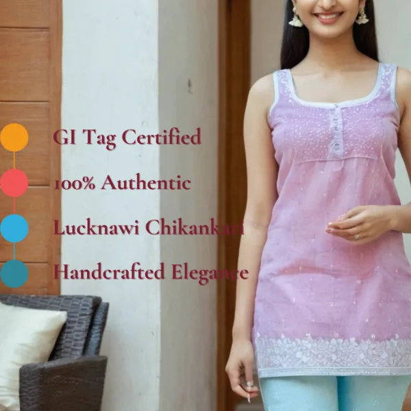 "This Light Pink Sleeveless Lucknawi Chikankari Kurti is a breathable cotton piece featuring delicate hand embroidery and a chic sleeveless silhouette. A perfect blend of tradition and elegance, designed for both casual and festive wear. Note: Due to the handmade nature of this piece, color and size variations are limited."
