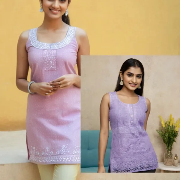 "This Light Pink Sleeveless Lucknawi Chikankari Kurti is a breathable cotton piece featuring delicate hand embroidery and a chic sleeveless silhouette. A perfect blend of tradition and elegance, designed for both casual and festive wear. Note: Due to the handmade nature of this piece, color and size variations are limited."