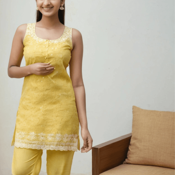 "This Nature Green Sleeveless Lucknawi Chikankari Kurti is a finely handcrafted cotton piece with exquisite embroidery, designed for both comfort and elegance. Its breezy sleeveless silhouette makes it a perfect addition to your summer wardrobe. Note: Due to the handmade nature of this piece, color and size variations are limited."