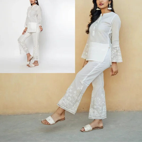 Georgette Gota Plazo, White Lucknawi Chikankari Pants